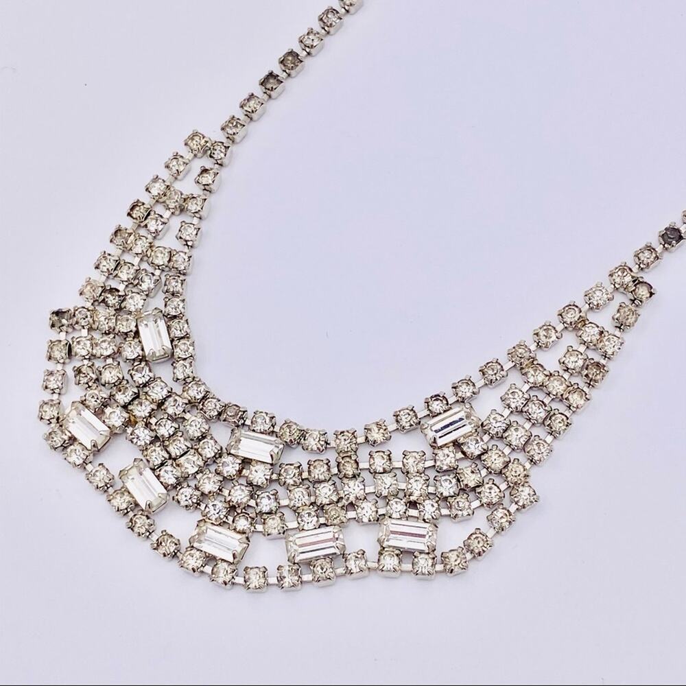 Mid Century Baguette and Round Rhinestone Sparkling Bib Style Choker Necklace